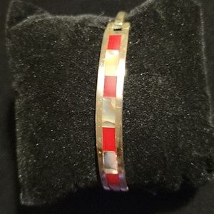 Vintage Red and White Striped Hinged Bangle Bracelet with Mother of Pearl Mexico